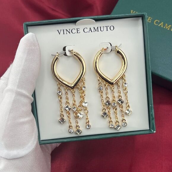 Vince Camuto Gold Hoop Earrings with Rhinestone Dangling Chains - Picture 4 of 5